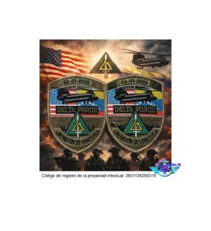 "Dos parches tácticos conmemorativos de la Operación Liberación de Venezuela, fecha 03-01-2026. A la izquierda la versión en color Marrón Coyote y a la derecha la versión en Lona Militar Verde. Ambos muestran banderas de EE. UU. y Venezuela, un helicóptero Chinook y el texto Delta Force."