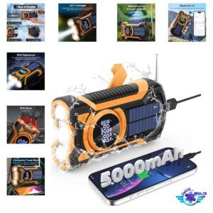 Cargador Solar para Movil, FM/Am Radio Portátil de Emergencia con Manivela y 5000mAh Powerbank y Altavoz Bluetooth Linterna LED y SOS Alarma IPX5 Impermeable Pare Radio de Camping al Aire Libre