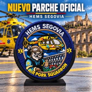 Parche HEMS Segovia Air Pork Squadron con helicóptero de emergencias sanitarias y fondo inspirado en Segovia