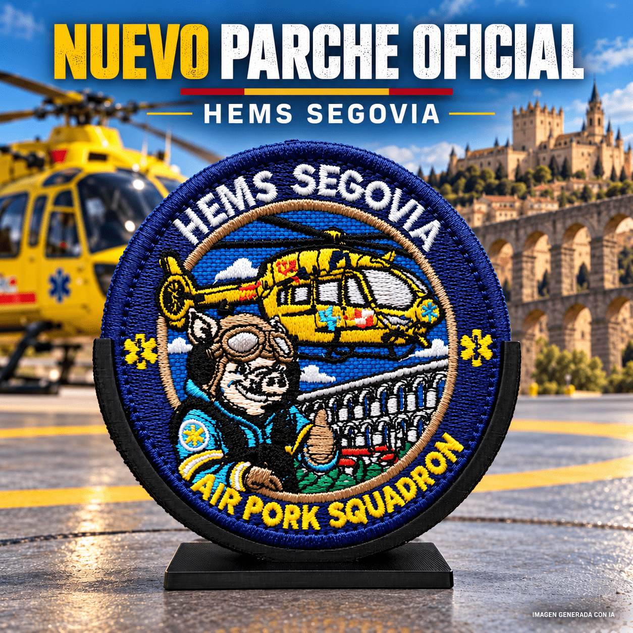 Parche HEMS Segovia Air Pork Squadron con helicóptero de emergencias sanitarias y fondo inspirado en Segovia