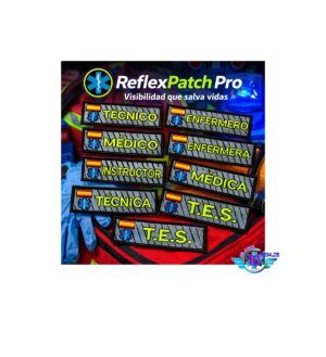 Parches reflectantes bordados de 10x3 cm para personal sanitario y emergencias. Alta visibilidad, resistentes y profesionales. Ideales para uniformes.