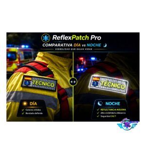 Parches reflectantes bordados de 10x3 cm para personal sanitario y emergencias. Alta visibilidad, resistentes y profesionales. Ideales para uniformes.